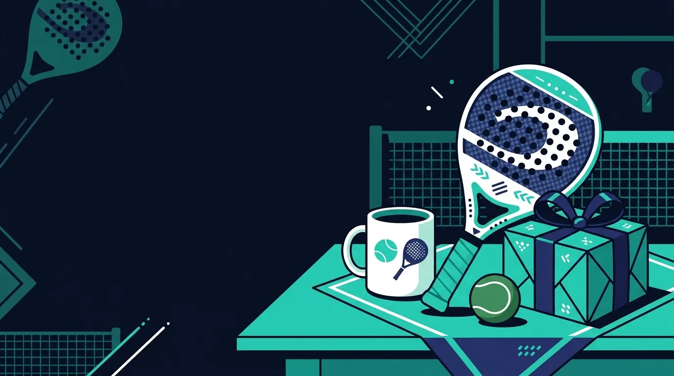 Ilustración en teal y azul marino de regalos de pádel: una taza, una pala, una pelota y una caja de regalo sobre una mesa