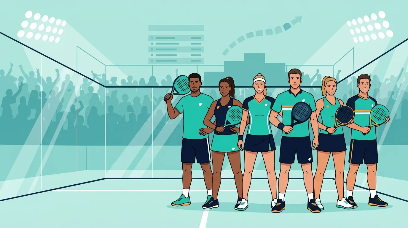 Ilustración estilizada de una formación de jugadores y jugadoras de pádel de élite con palas en una pista de cristal, con un marcador y un podio de fondo
