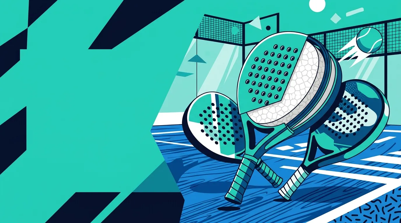 Ilustración estilizada de palas de pádel en colores teal y navy de la marca