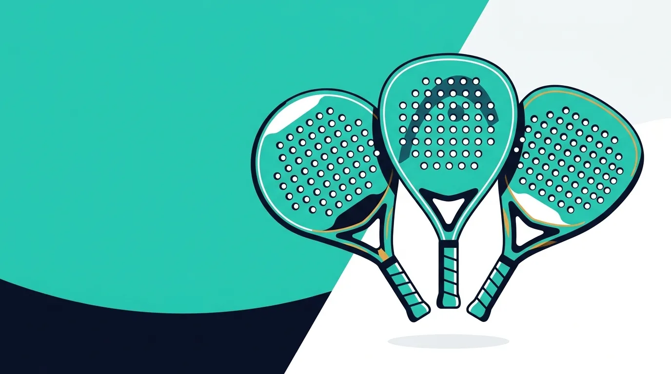 Stylized illustration of three padel rackets — round, teardrop and diamond shaped — fanned out in teal and navy