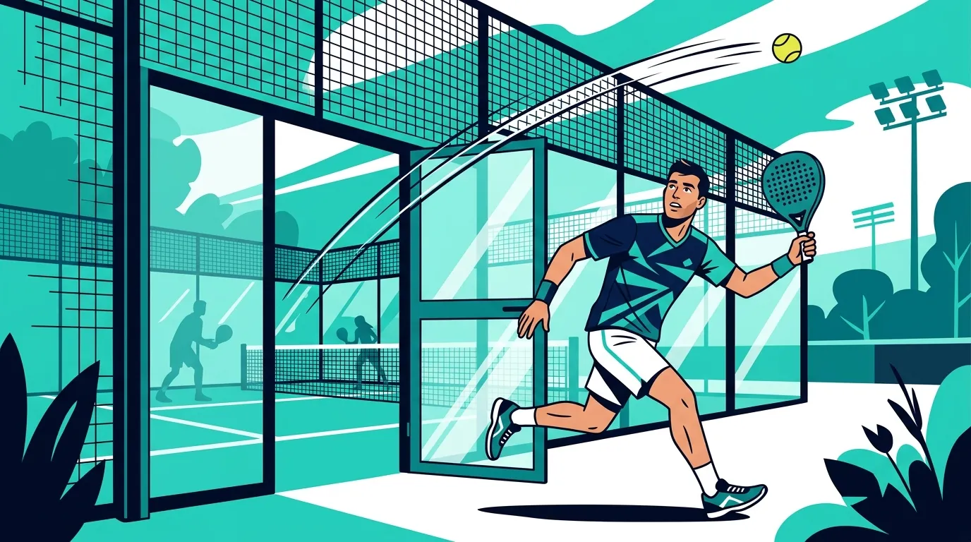 Stylized illustration of a padel player sprinting through the court door to return a ball arcing over the back fence