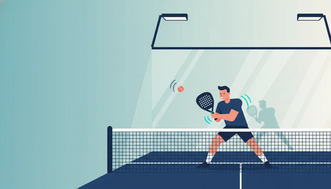 Flat illustration of a padel player at the net in textbook volley stance — paddle up at chest height, eyes on an incoming ball just above the net cord, with a doubles partner silhouette deeper in the court