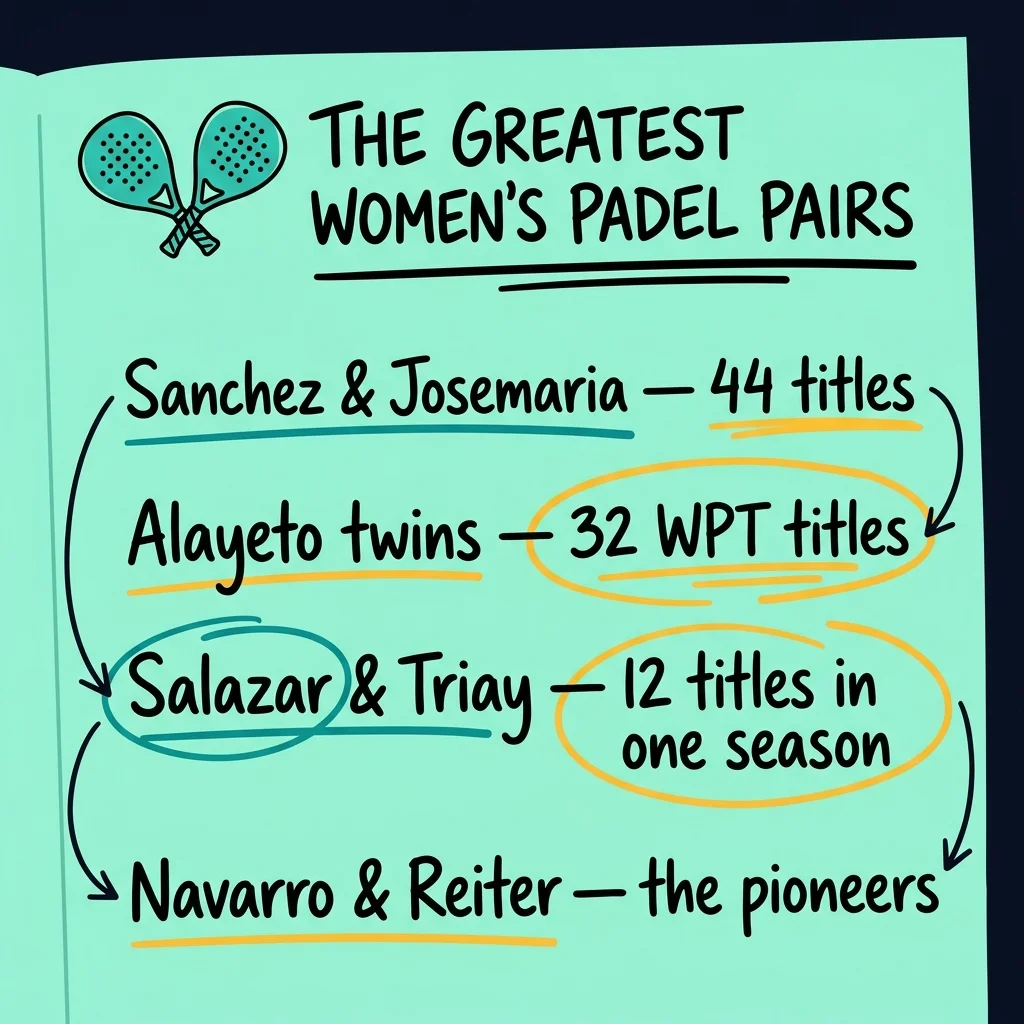 Sketchnote a mano sobre las mejores parejas femeninas del pádel: Sánchez y Josemaría 44 títulos, gemelas Alayeto 32 títulos WPT, Salazar y Triay 12 títulos en una temporada, Navarro y Reiter las pioneras