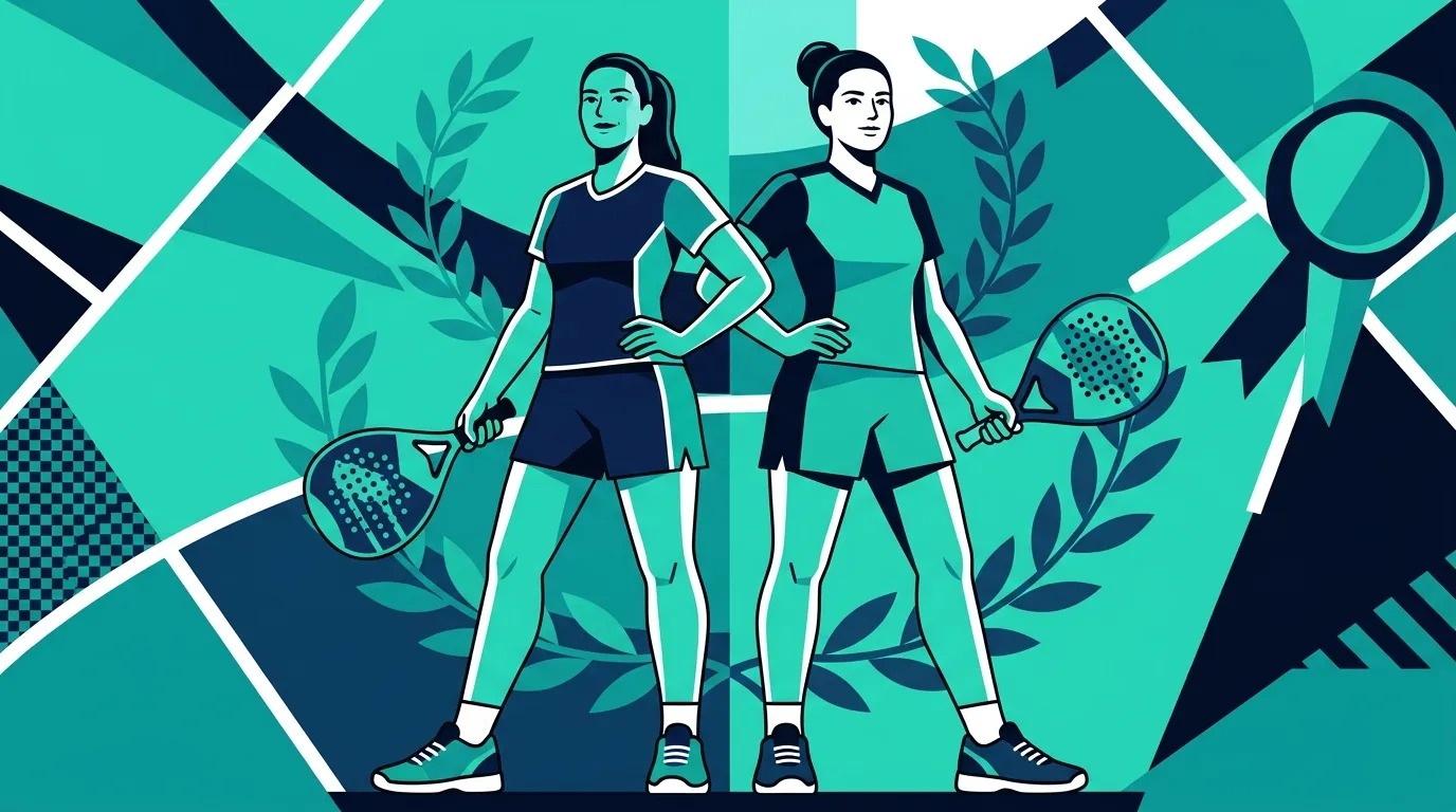Ilustración estilizada de dos jugadoras de pádel juntas con sus palas, en los colores de la marca, turquesa y azul marino