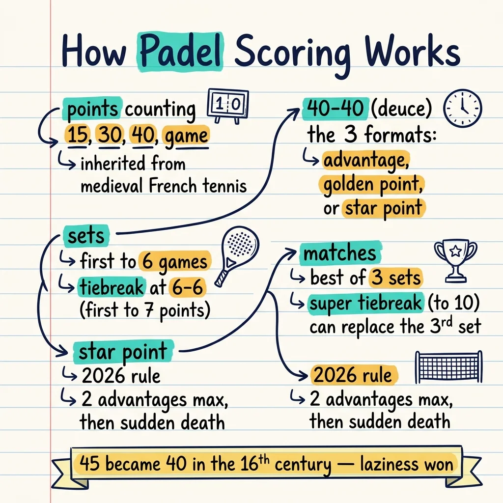 Handwritten sketchnote summarizing how padel scoring works with key points and doodles
