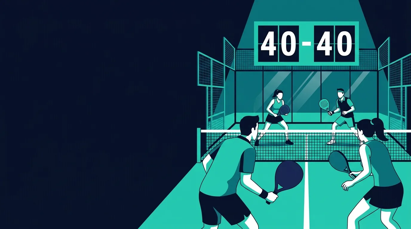 Stylized illustration of a padel court at deuce with scoreboard showing 40-40