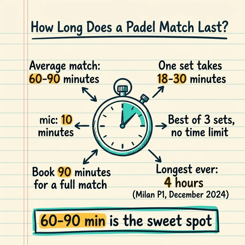 Handwritten sketchnote showing how long a padel match lasts with key time stats