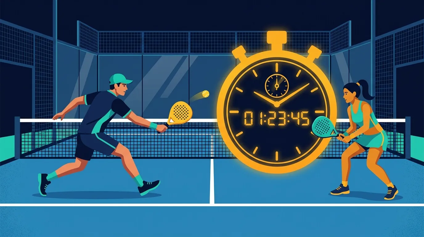 Stylized illustration of a padel court with a stopwatch showing match duration