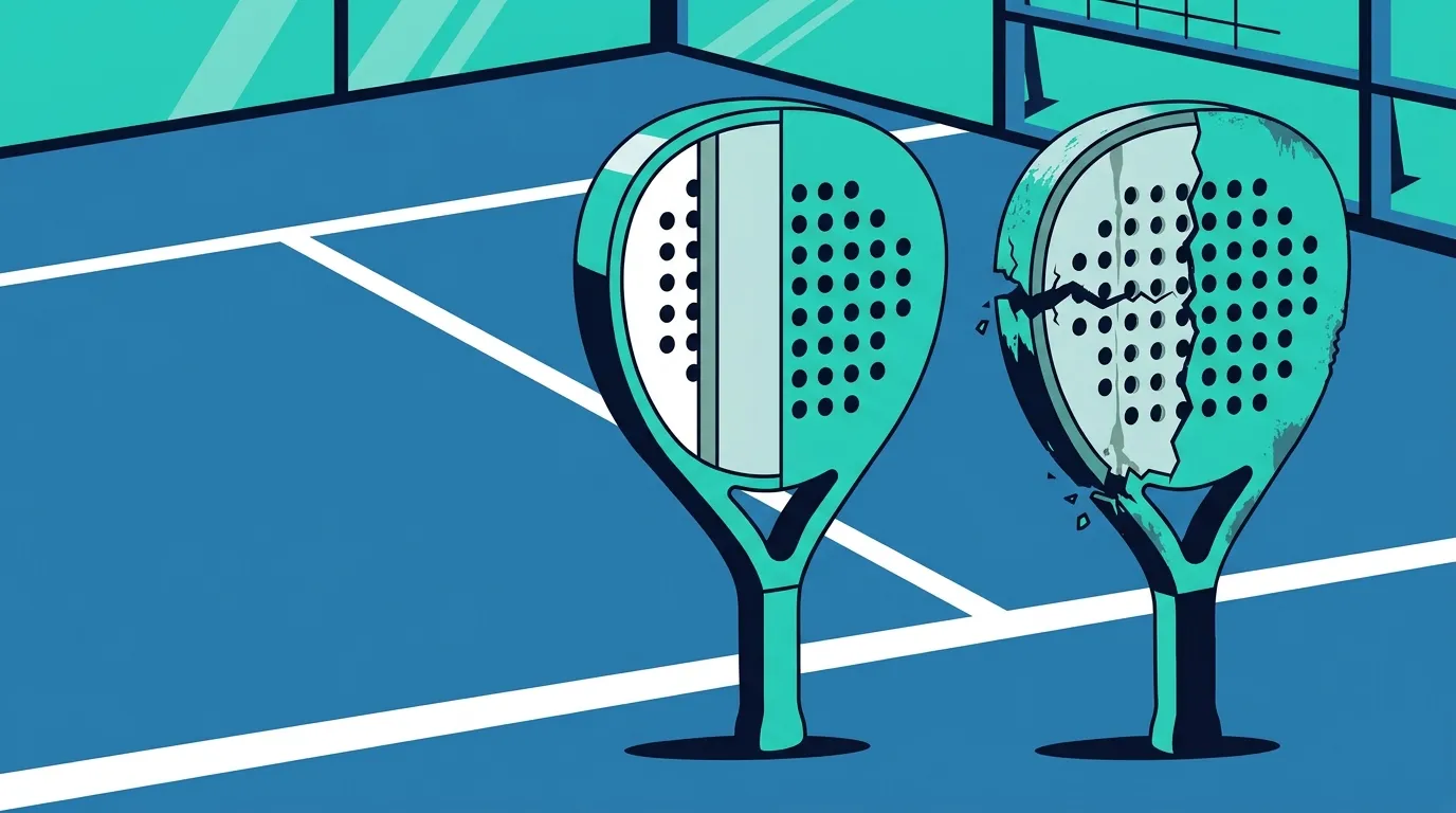 Flat illustration of two padel rackets on a court, one pristine and one with a cracked frame