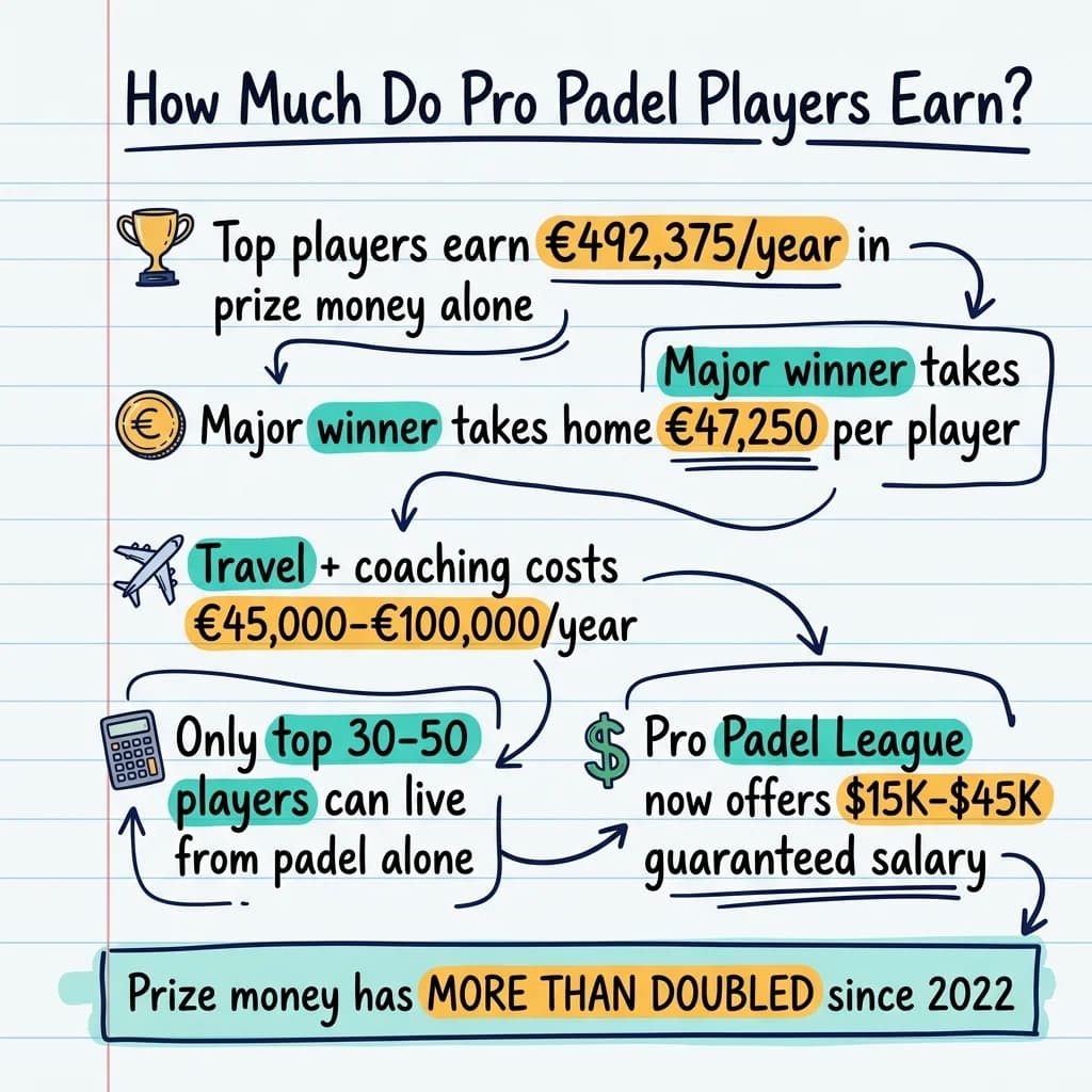 Handwritten sketchnote summarizing pro padel player earnings with key stats and doodles