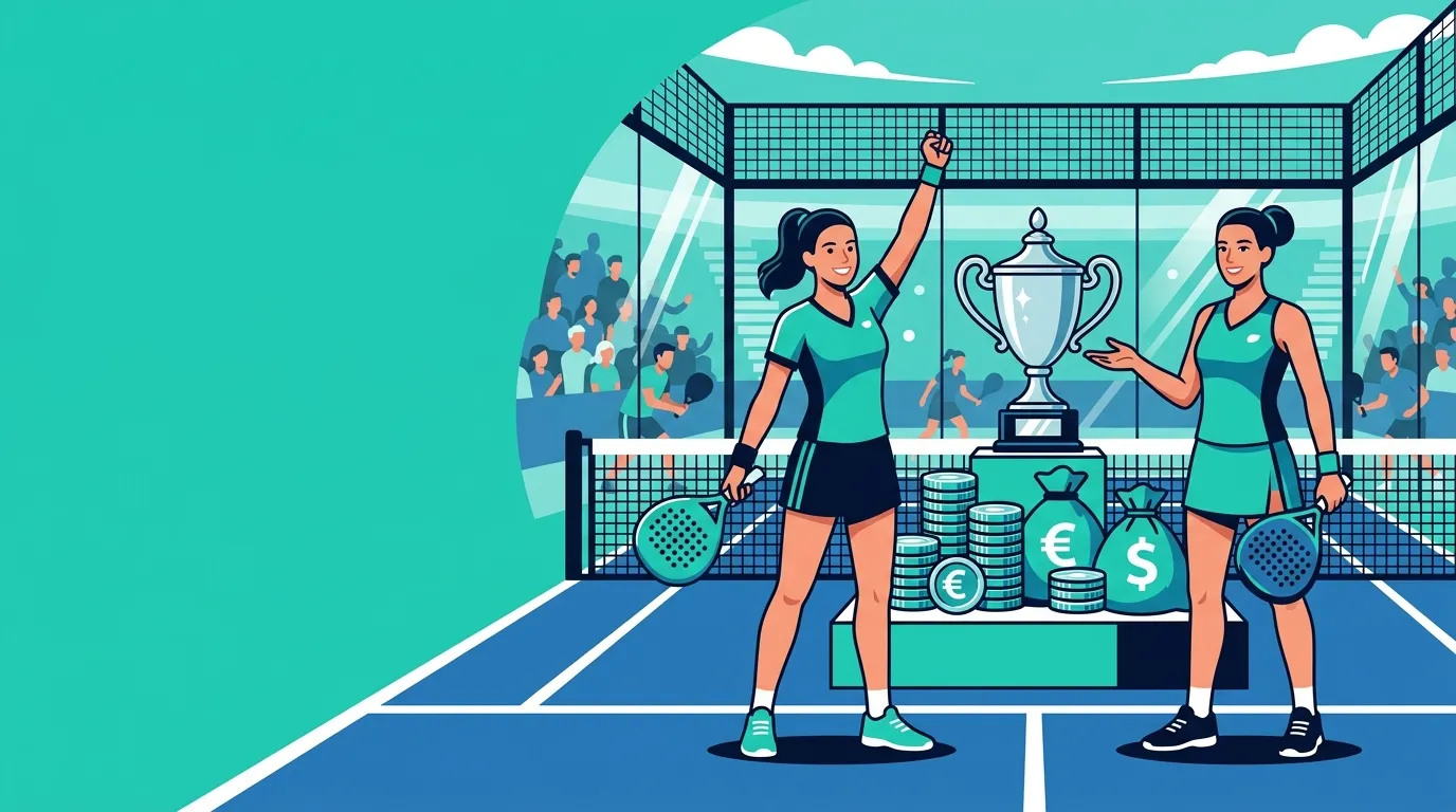 Stylized illustration of padel players on court with trophy and stacked coins in teal and navy