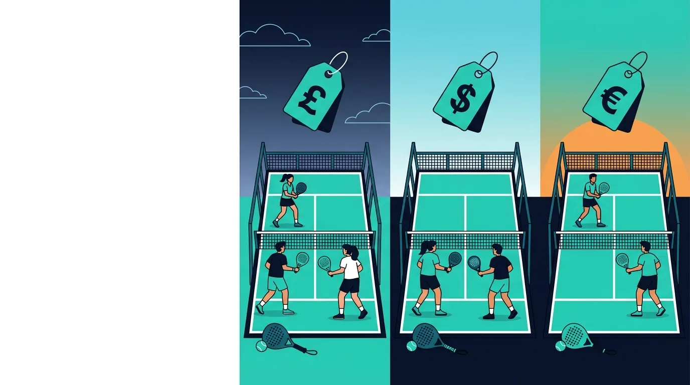 Ilustración estilizada de tres pistas de pádel con etiquetas de precio en libras, dólares y euros