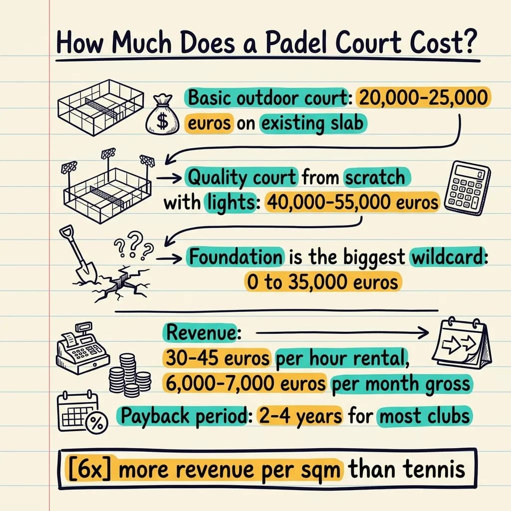 Handwritten sketchnote summarizing padel court construction costs and ROI