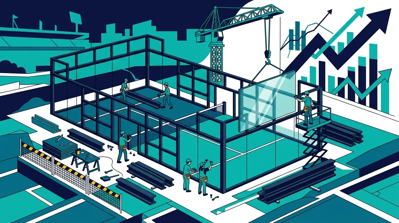 Stylized illustration of a padel court under construction with crane, steel beams, and growth charts