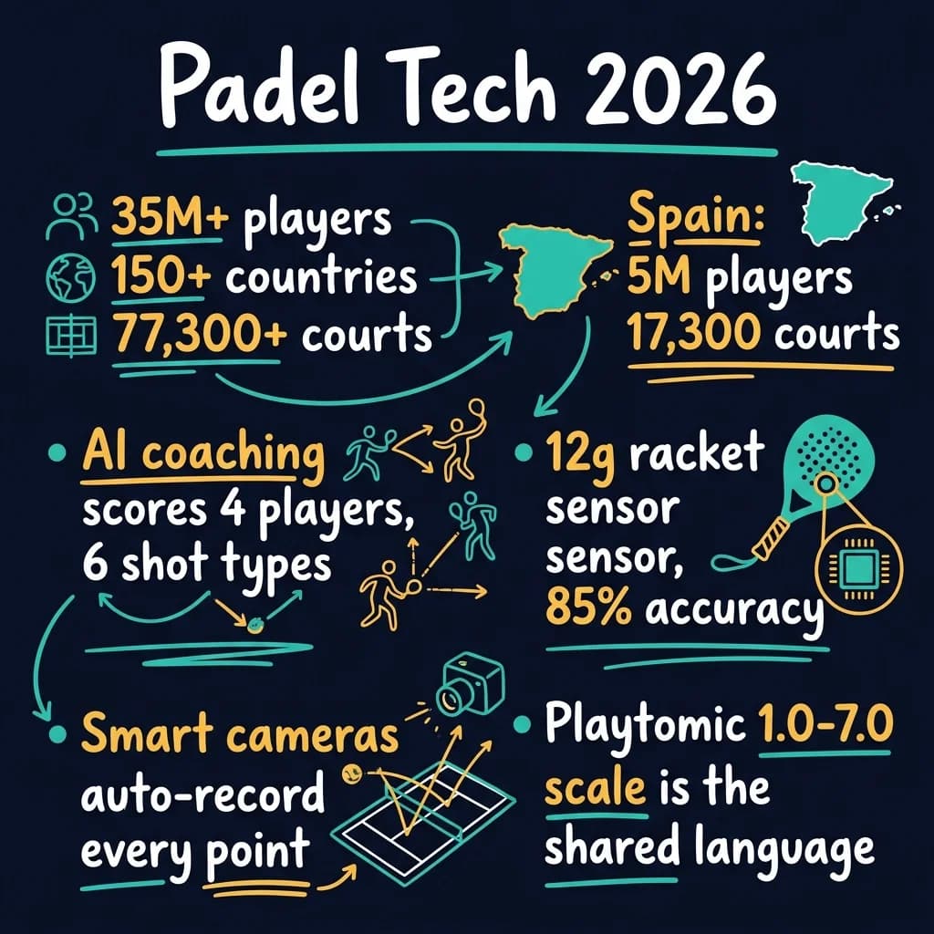 Handwritten sketchnote summarizing padel tech in 2026: 35M+ players, 150+ countries, 77,300 courts, Spain 5M players, AI coaching, 12g sensors and smart cameras