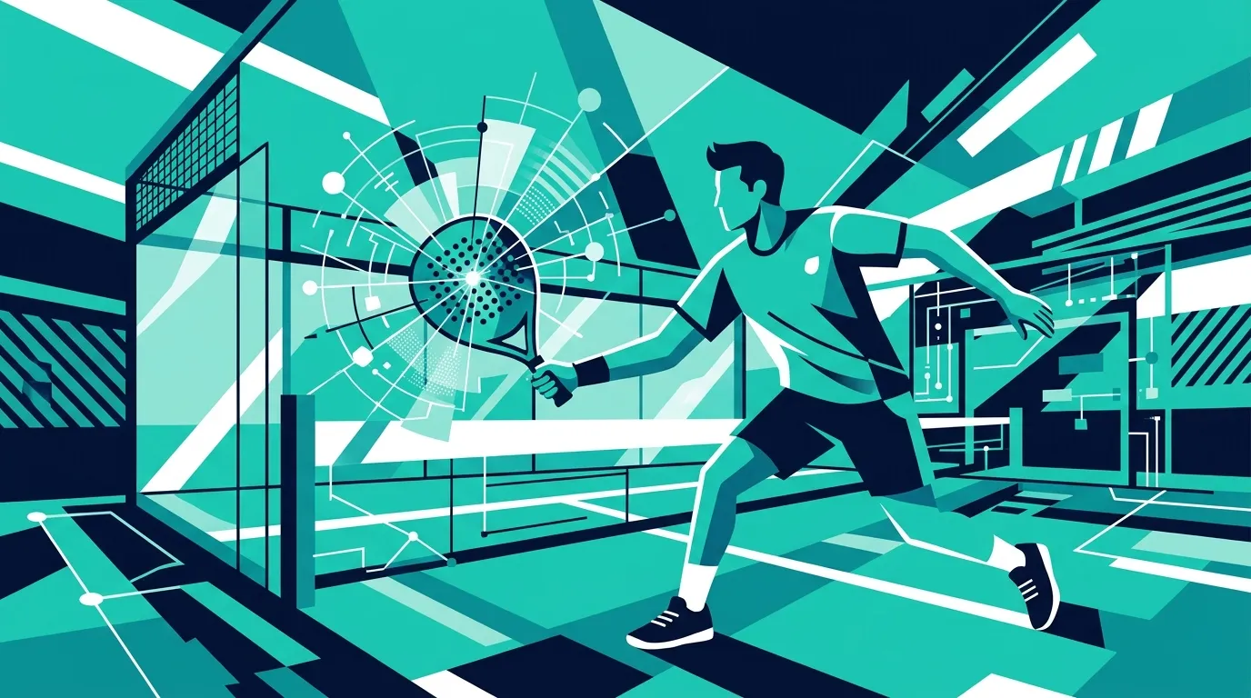 Stylized illustration of a padel racket with an integrated sensor chip and circuit lines, in teal and navy colors