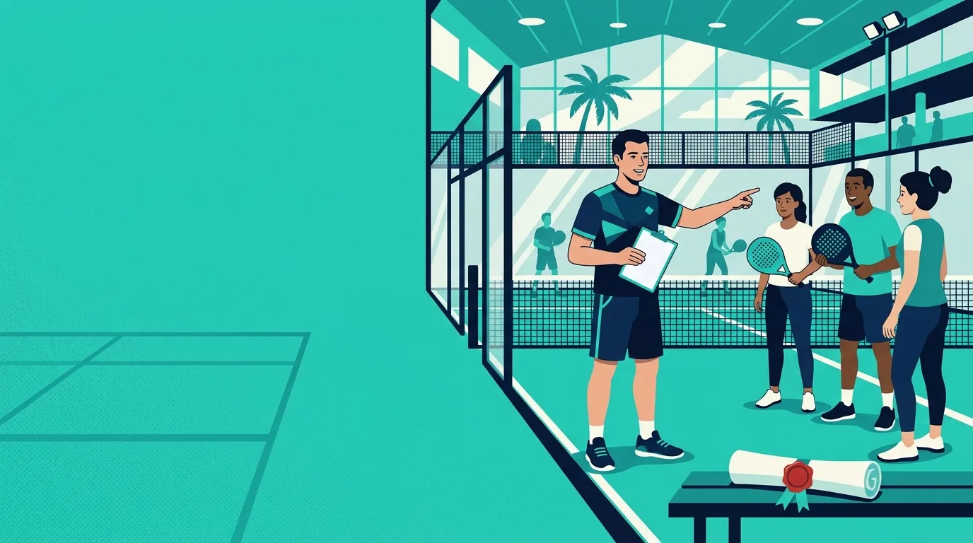 Ilustración de un entrenador de pádel con carpeta enseñando a adultos principiantes en una pista indoor, con un diploma en un banco