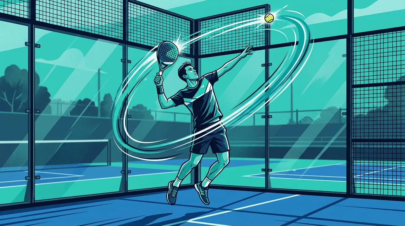 Ilustración estilizada de un jugador de pádel ejecutando una bandeja con líneas de movimiento en una pista teal