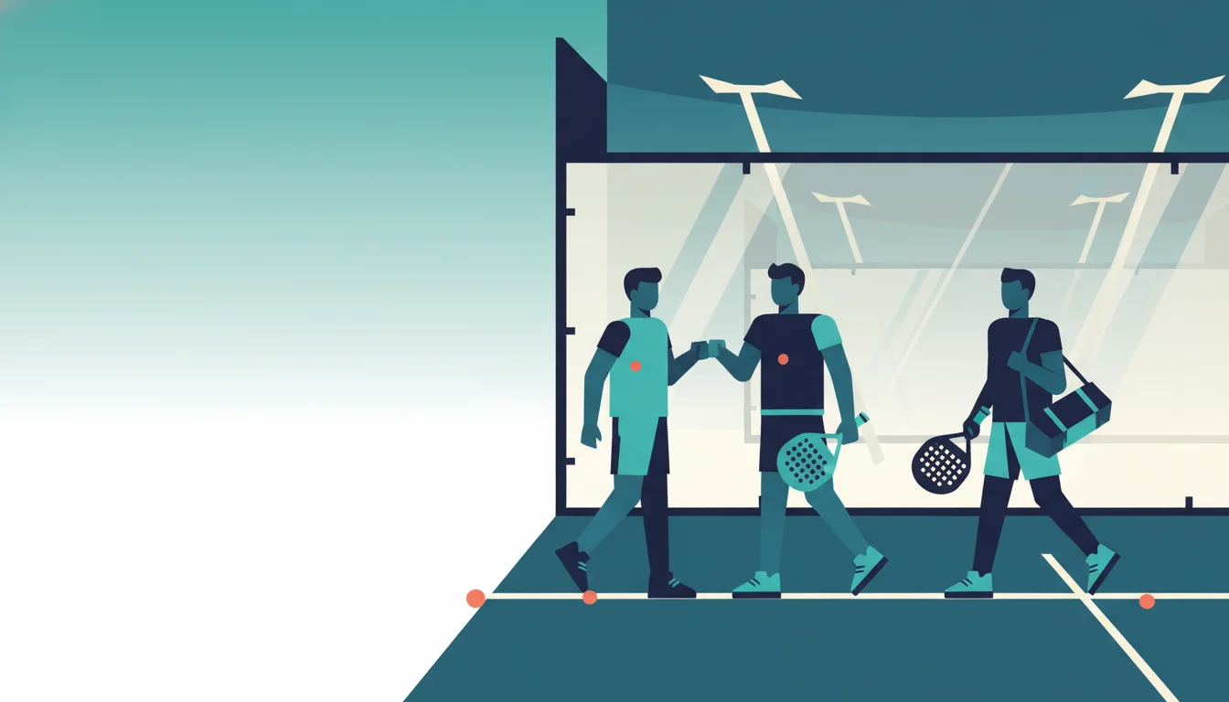 Flat illustration of three padel players greeting each other on court — two fist-bumping while a third walks in with racket and bag