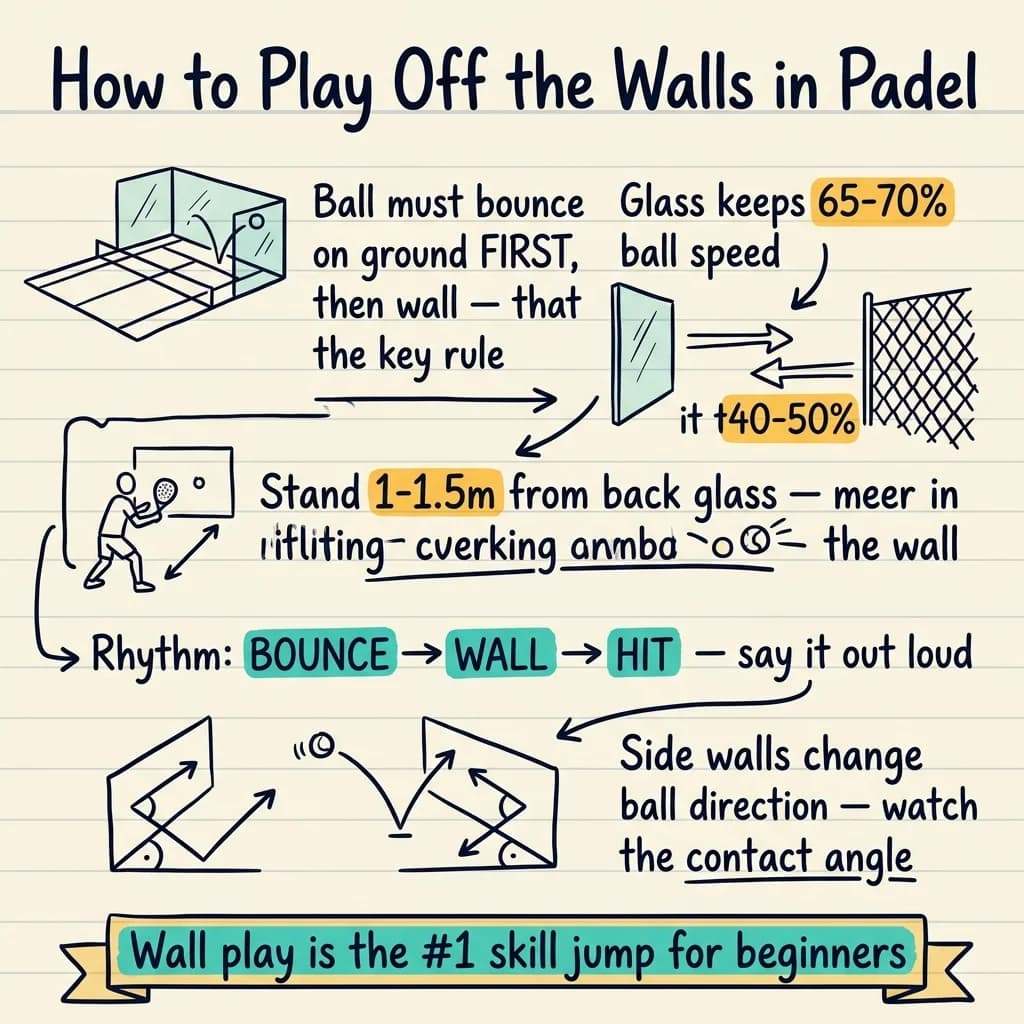 Handwritten sketchnote summarizing how to play off the walls in padel