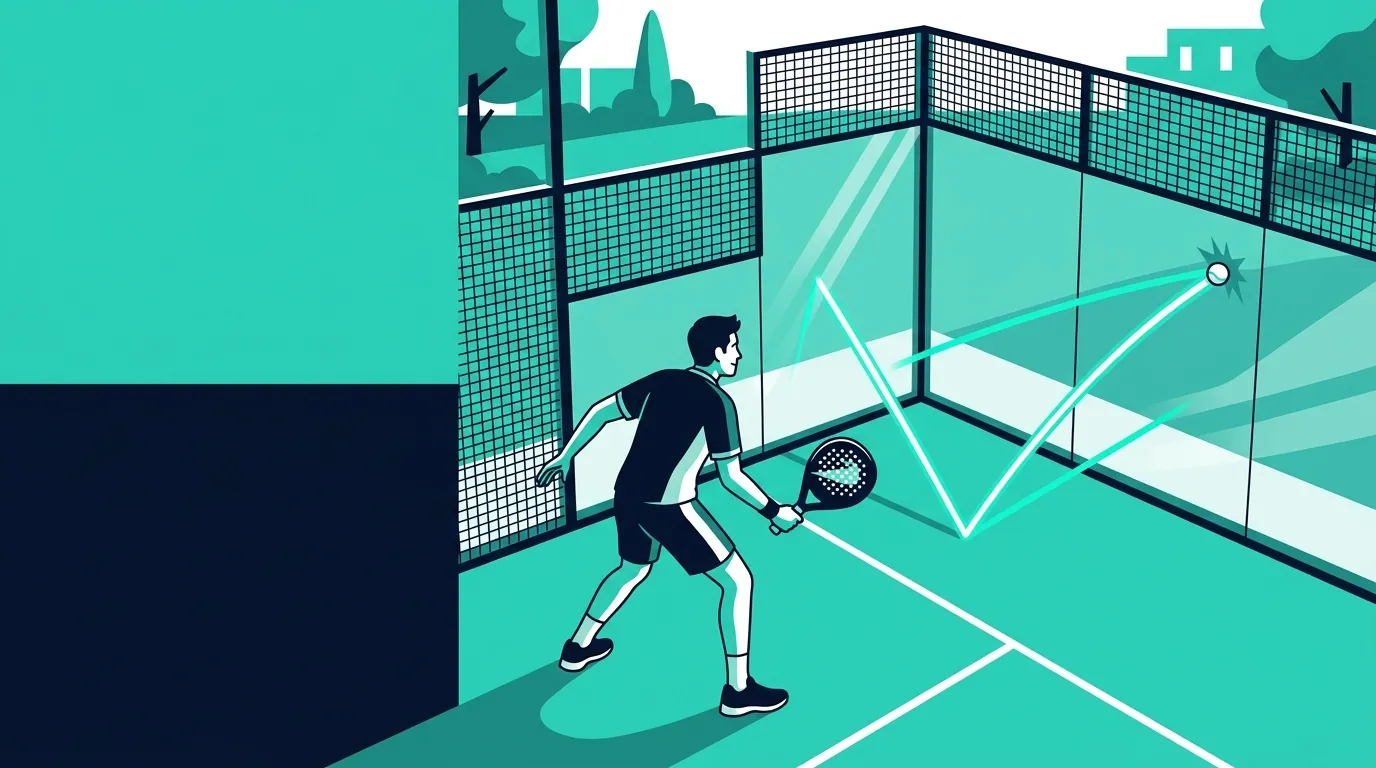 Stylized illustration of a padel player hitting a ball rebounding off glass back wall on a teal and navy court
