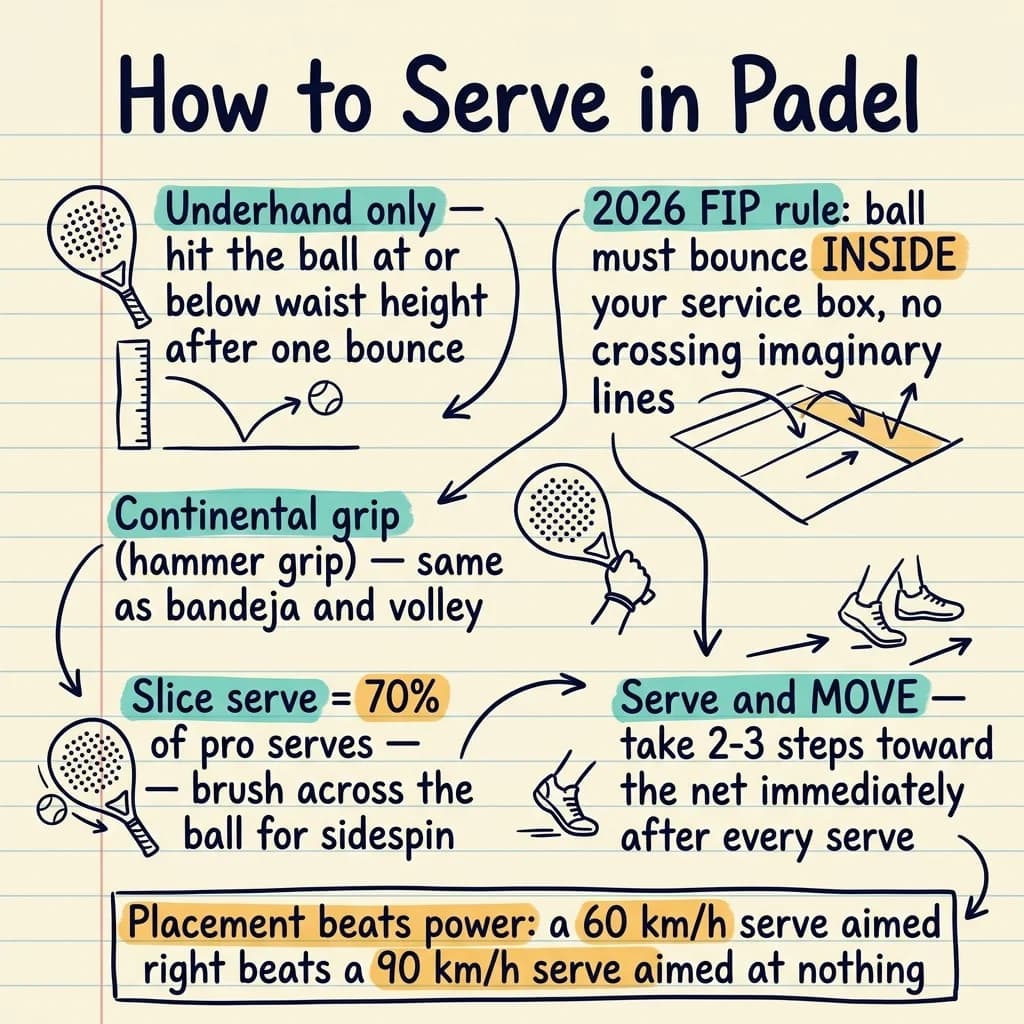 Handwritten sketchnote showing how to serve in padel with key techniques and 2026 rules
