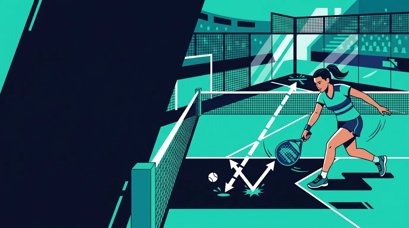 Stylized illustration of a padel player mid-serve on a teal and navy court with ball trajectory
