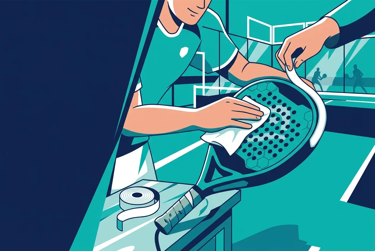 Stylized illustration of a padel racket being cleaned and fitted with a frame protector, teal and navy brand colors