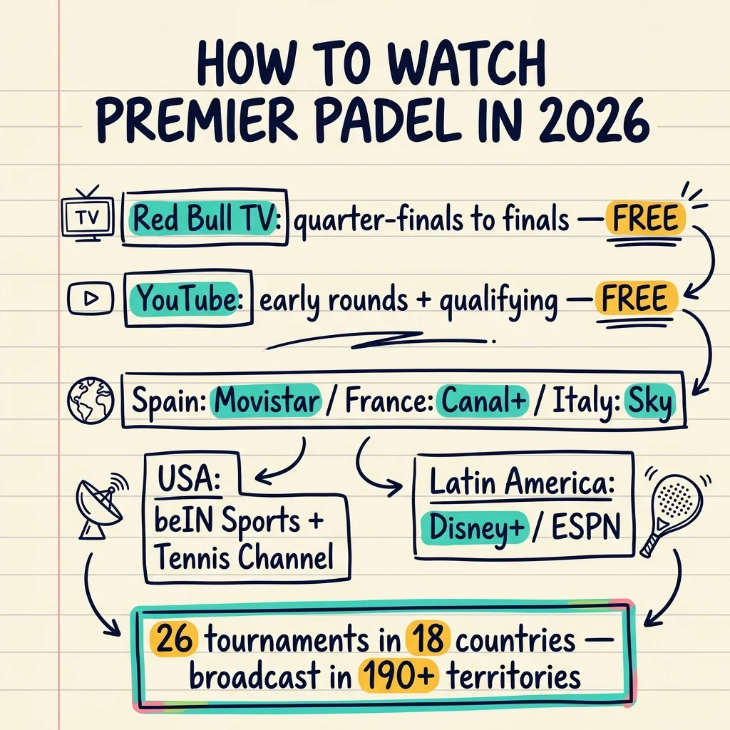 Handwritten sketchnote on how to watch Premier Padel in 2026: Red Bull TV free from quarter-finals, YouTube for early rounds, country broadcasters, and 26 tournaments broadcast in 190+ territories