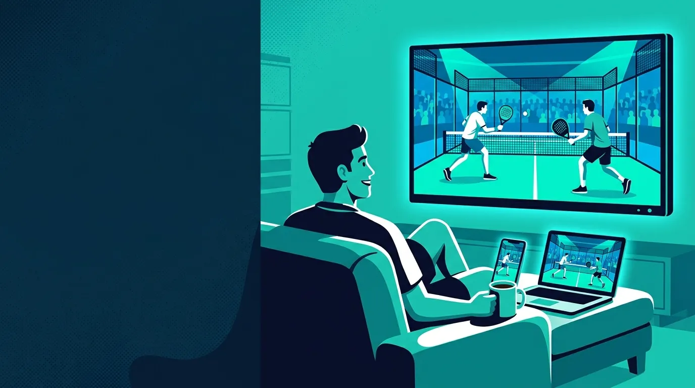 Stylized illustration of a fan watching a padel match at home on a TV, laptop, and phone, all showing the same glass court