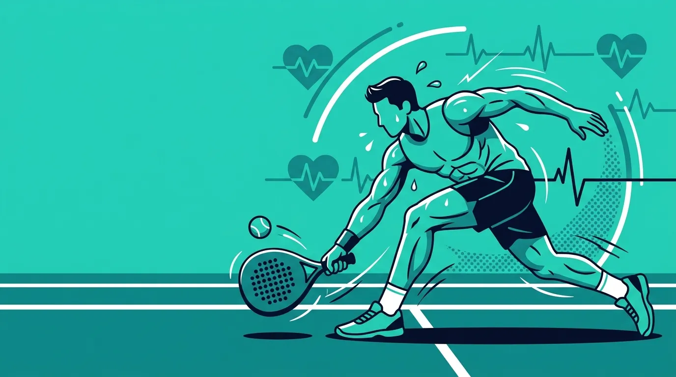 Stylized illustration of an athletic padel player lunging for a low ball amid sweat droplets and heart-rate pulse lines