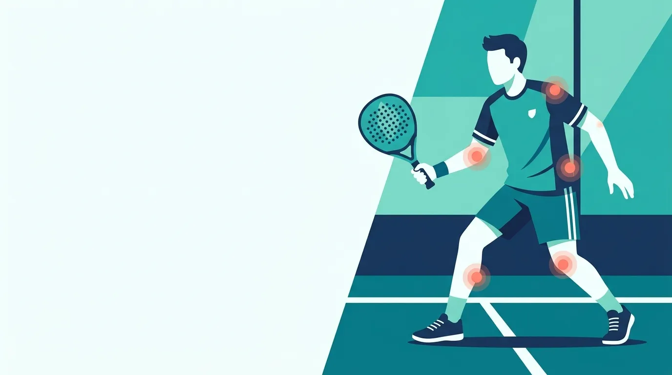 Stylized illustration of a padel player with glowing markers on the elbow, shoulder, lower back, knee, and calf — the most common injury hotspots