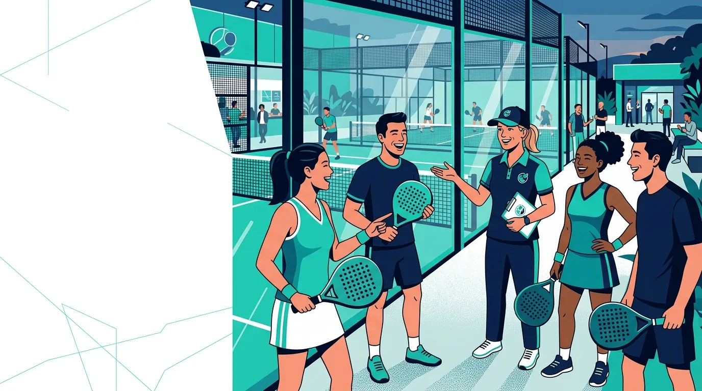 Stylized illustration of a coach demonstrating to padel players holding rackets