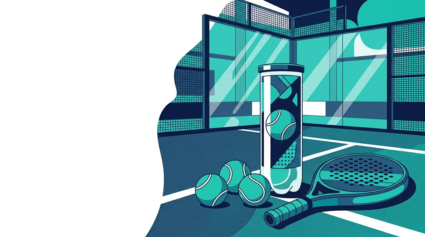 Illustration of padel balls in a can and scattered on court in teal and navy tones