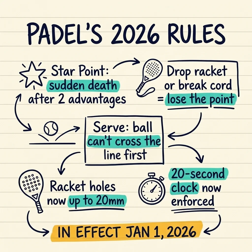 Sketchnote manuscrito que resume los cinco cambios de reglas del pádel de la FIP para 2026, en vigor el 1 de enero de 2026