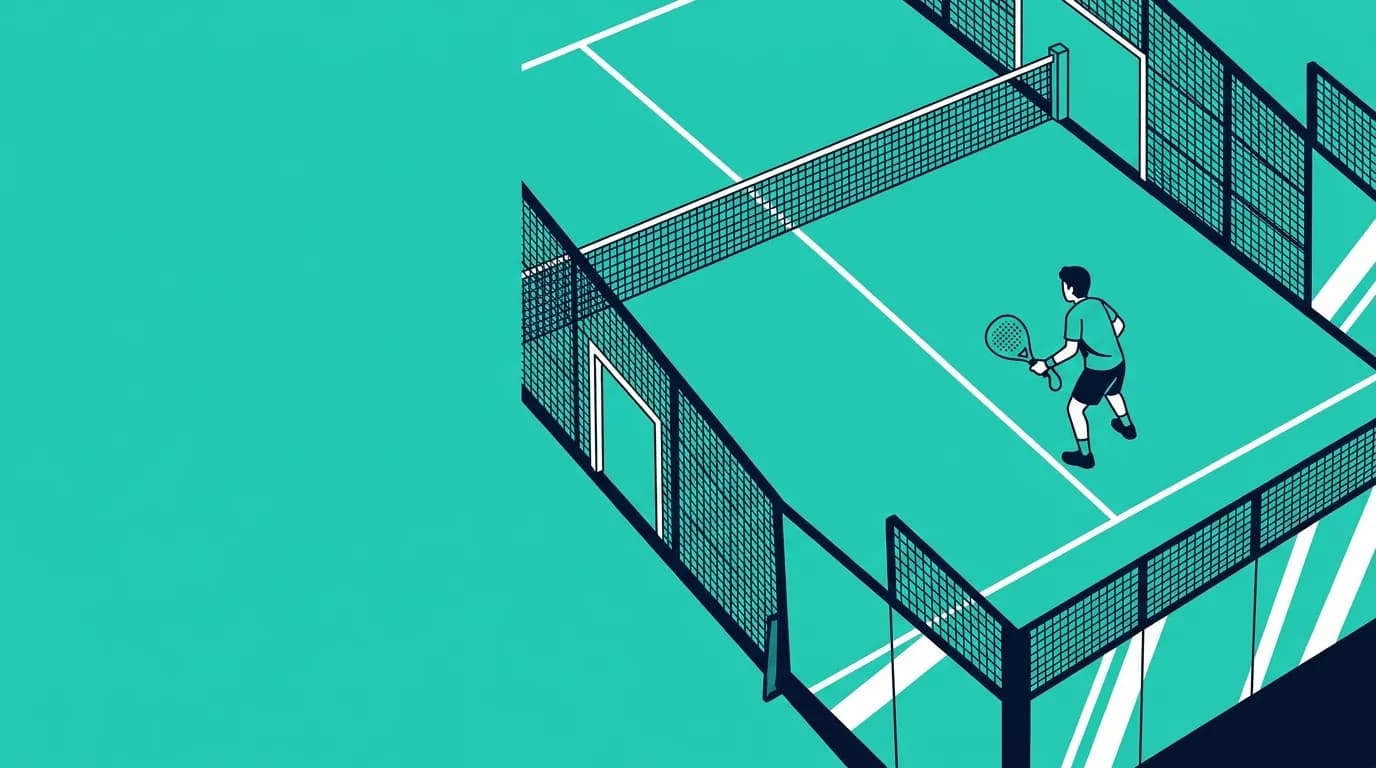 Ilustración aérea estilizada de una pista de pádel de cristal con la línea de saque marcada y un jugador con una pala