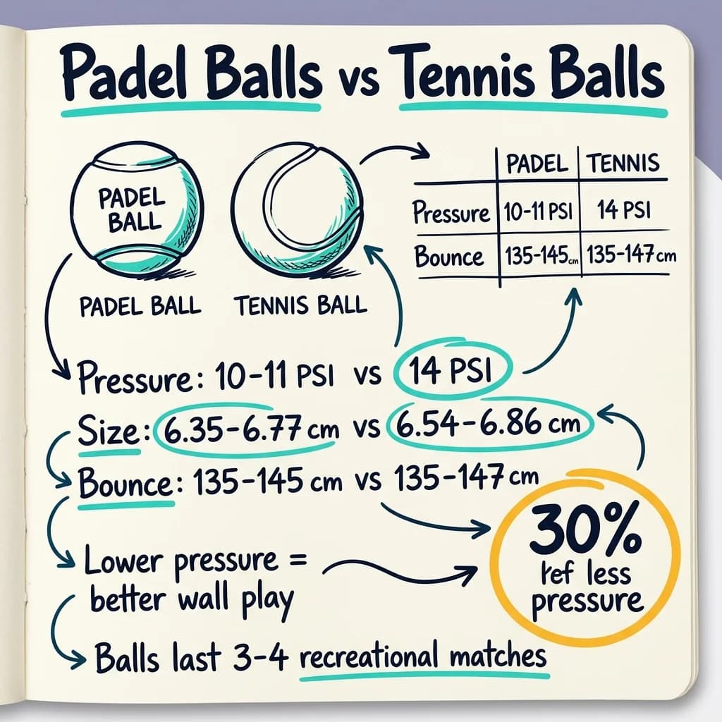 Sketchnote comparando especificaciones de pelotas de pádel y tenis
