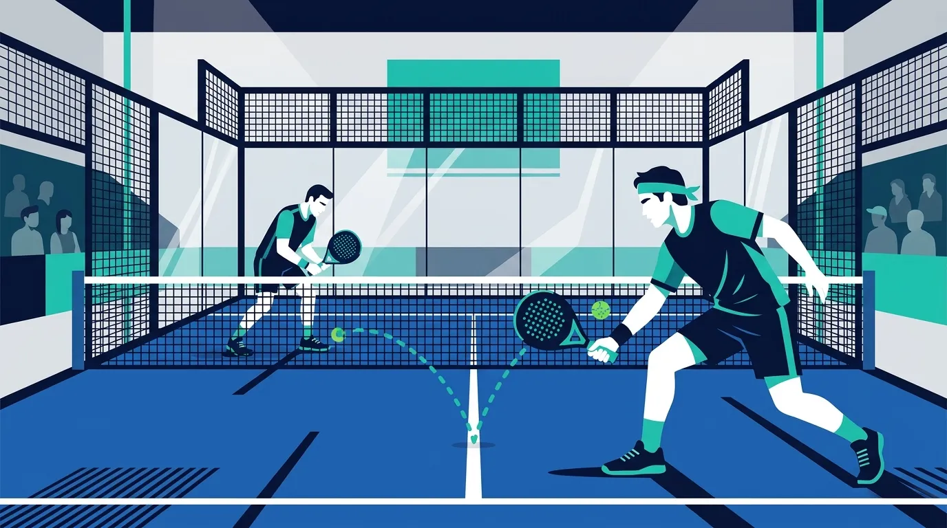 Ilustración estilizada de un jugador de pádel ejecutando una chiquita suave por encima de la red