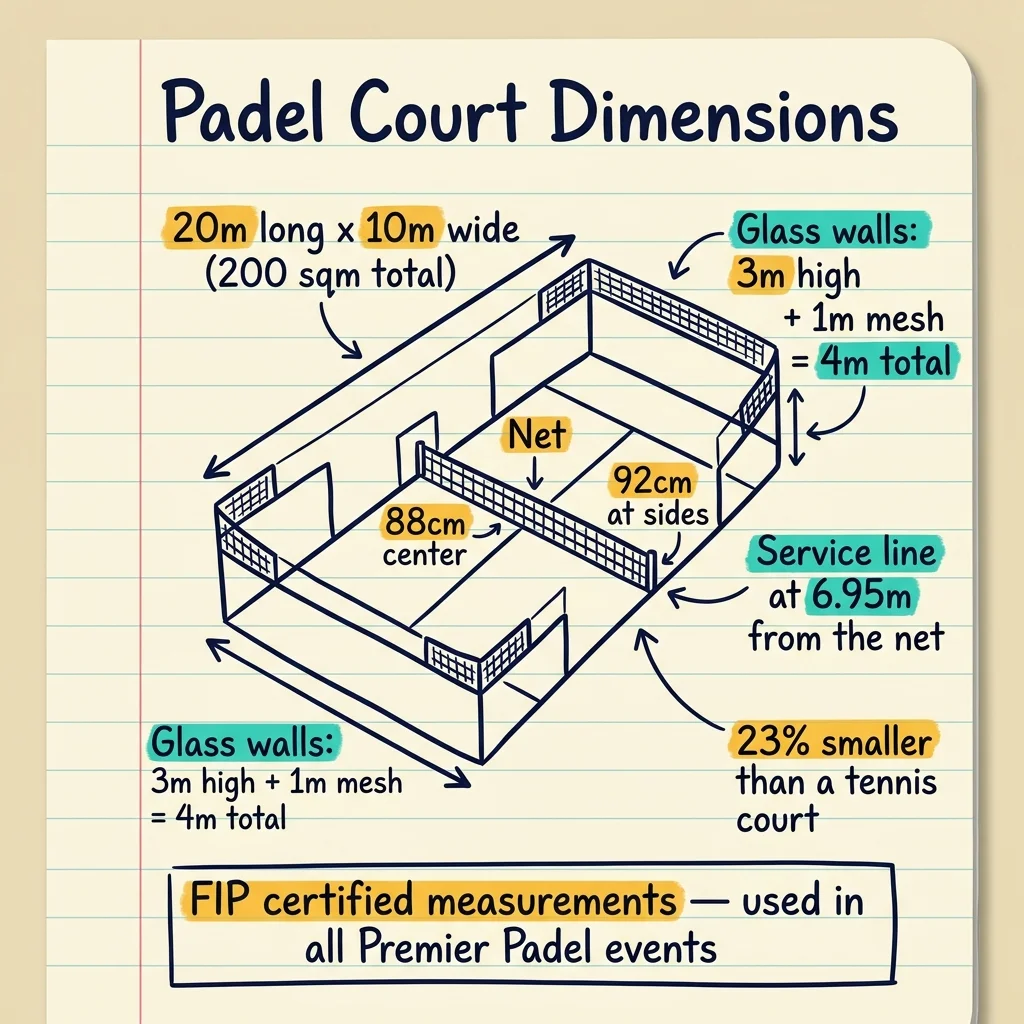 Resumen en notas manuscritas de las dimensiones de una pista de pádel