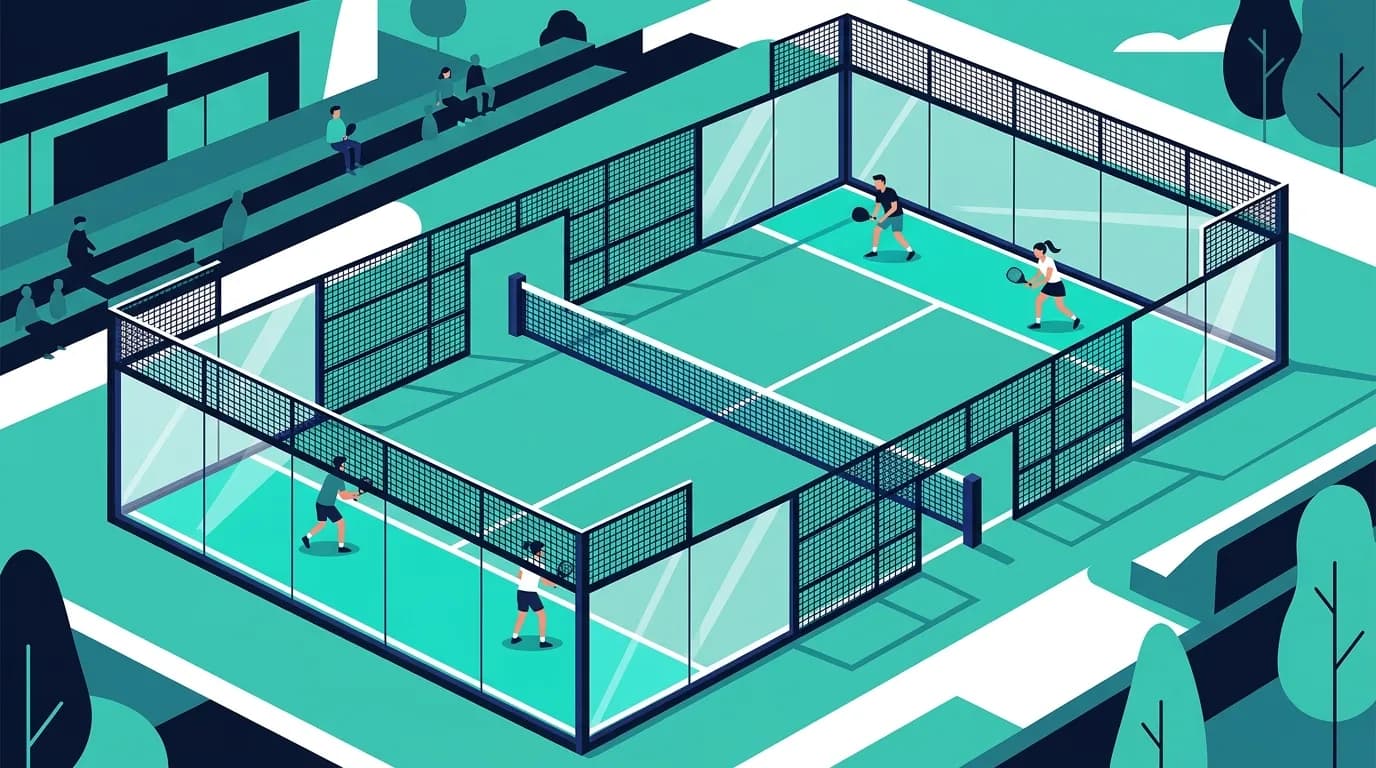 Ilustración estilizada de una pista de pádel desde arriba mostrando dimensiones y medidas