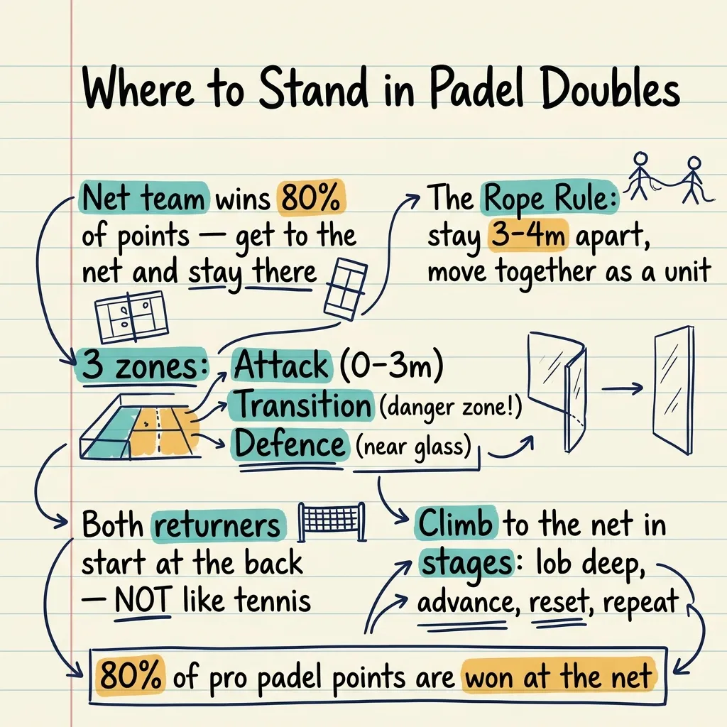 Handwritten sketchnote summarizing padel doubles positioning with the rope rule and three court zones