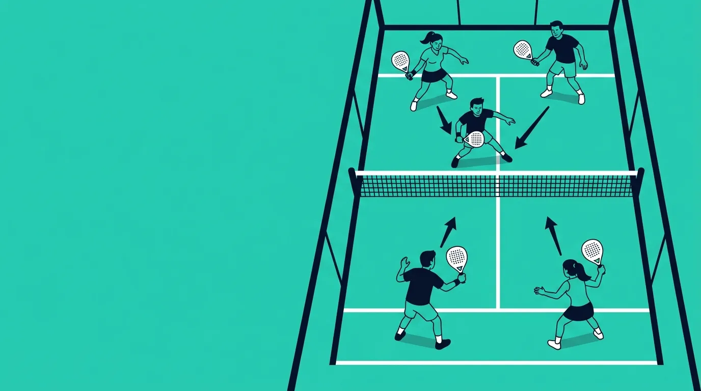 Stylized illustration of four padel players on a court showing doubles positioning with movement arrows in teal and navy