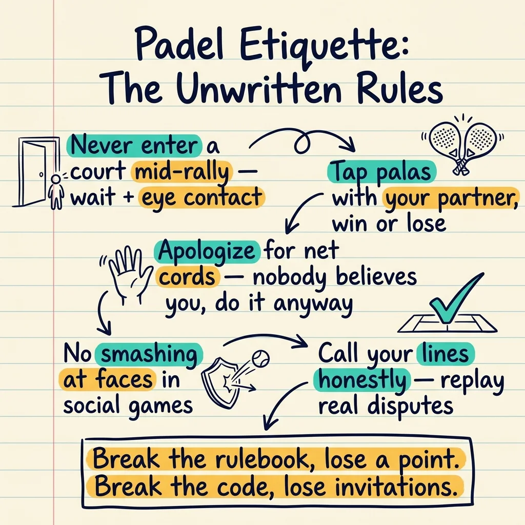 Handwritten sketchnote of padel etiquette rules: never enter mid-rally, tap palas, apologize for net cords, no smashing at faces, call lines honestly — break the code, lose invitations