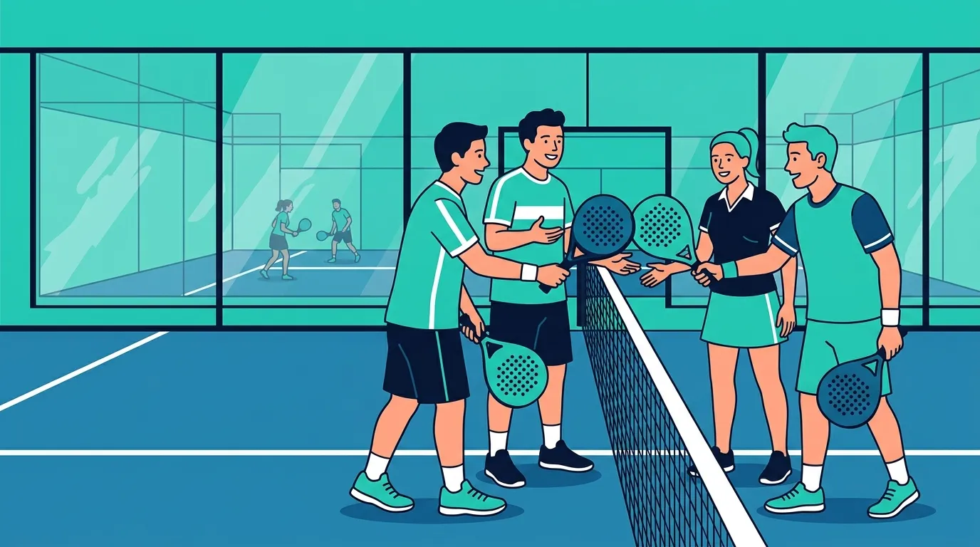 Stylized illustration of four padel players meeting at the net to tap rackets after a match, with another game visible behind the glass
