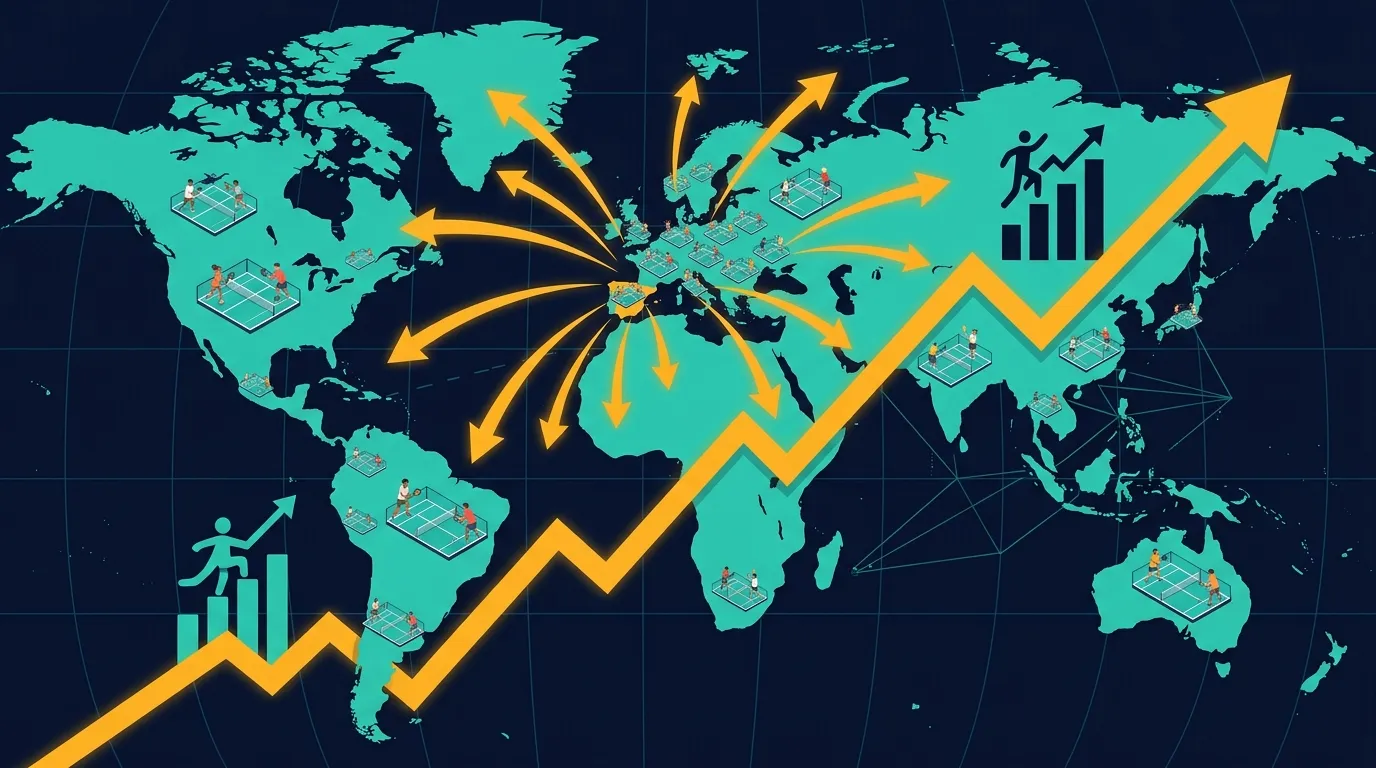 Ilustración estilizada del crecimiento global del pádel con flechas ascendentes y mapa mundial