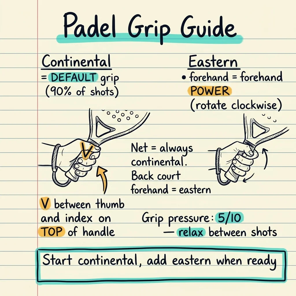 Resumen en notas manuscritas comparando empuñaduras continental y eastern en pádel