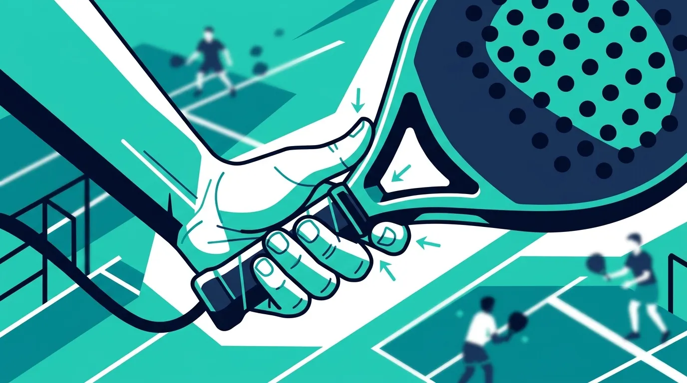 Ilustración estilizada de manos sujetando una pala de pádel mostrando posiciones de empuñadura