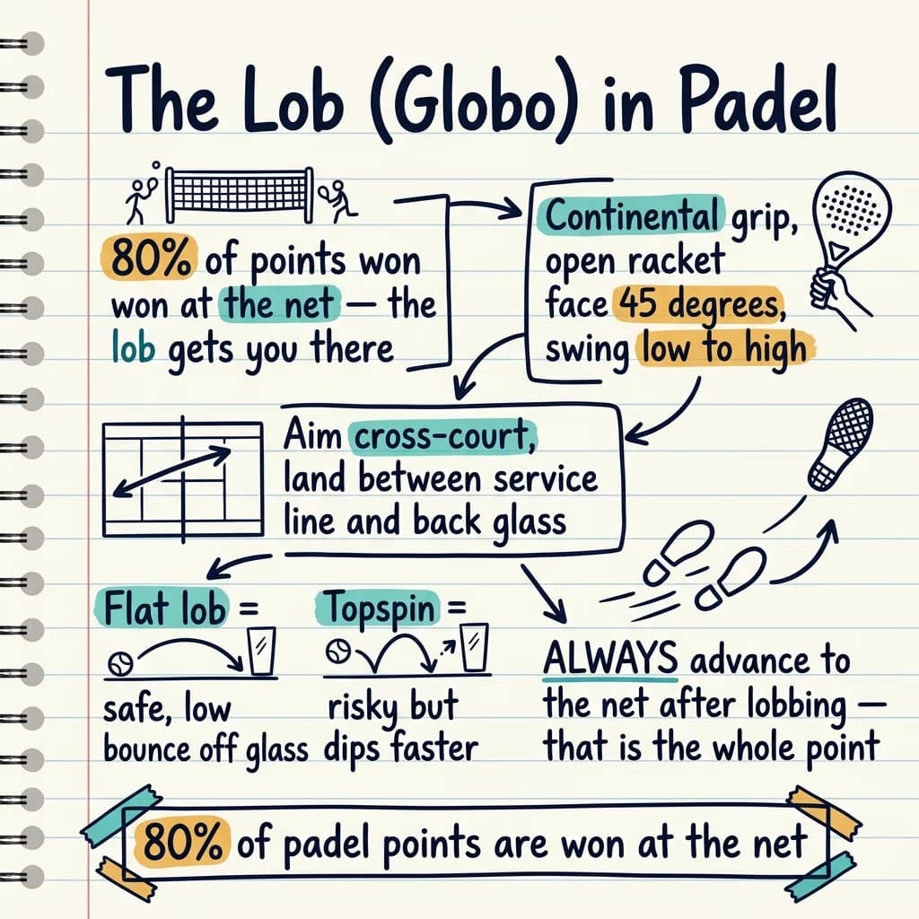 Apuntes estilo sketchnote con resumen de la técnica del globo en pádel