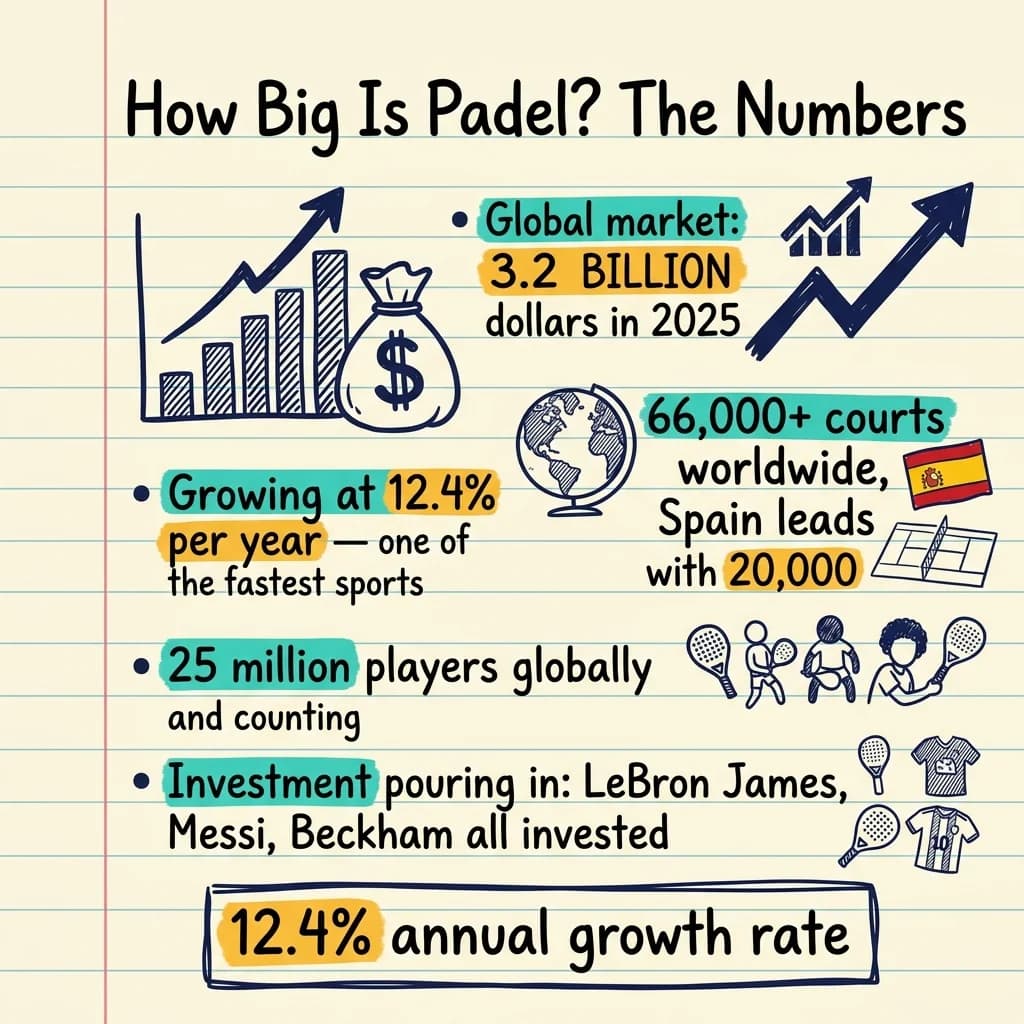 Resumen en notas manuscritas de las estadísticas de crecimiento del mercado del pádel