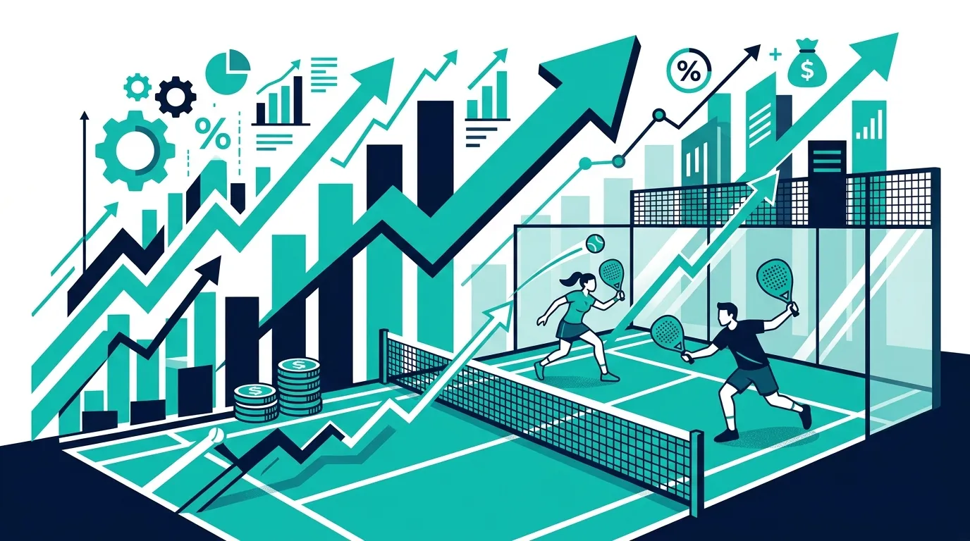 Ilustración estilizada de jugadores de pádel en una pista con gráficos de crecimiento empresarial